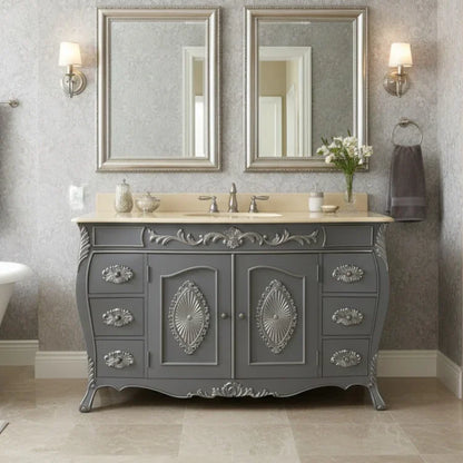 Gray bathroom vanity with decorative details, two mirrors, and wall lights.