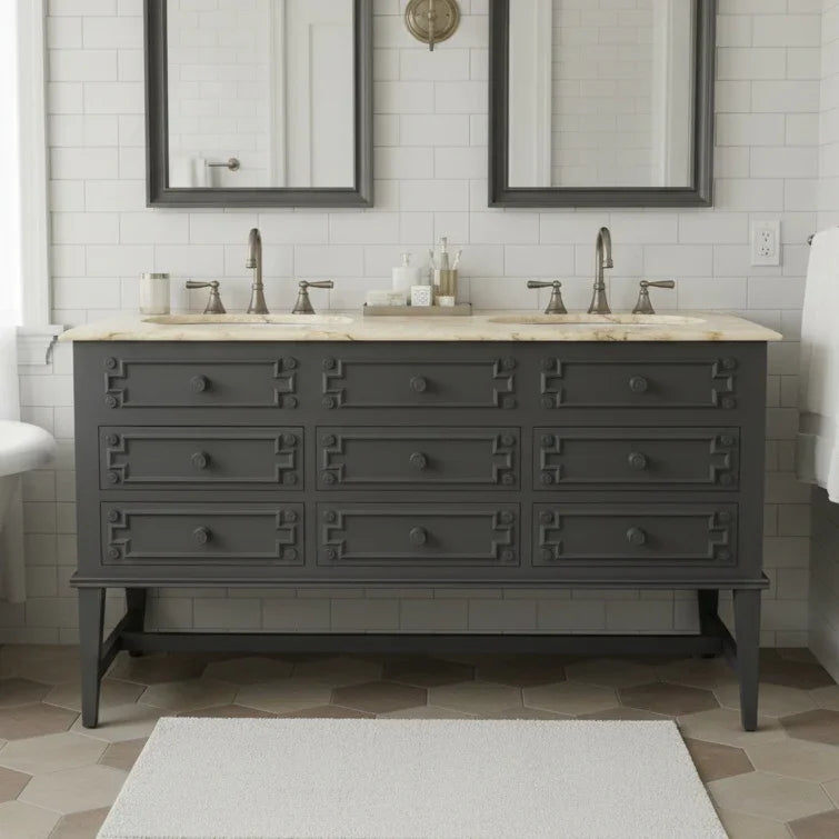 grey victorian country style bathroom sink cabinet with cream marble counter top