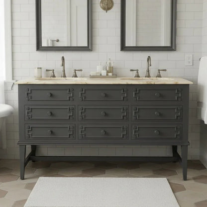 grey victorian country style bathroom sink cabinet with cream marble counter top