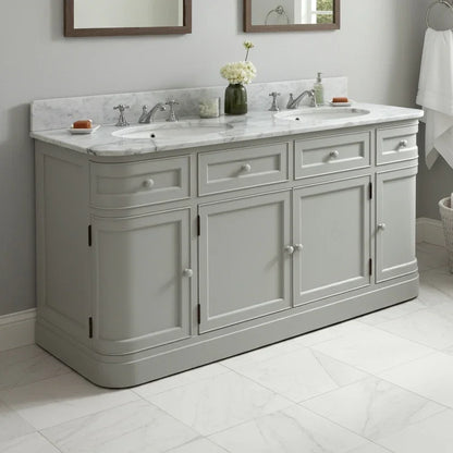 Gray bathroom vanity with marble countertop and sink, featuring decorative elements.
