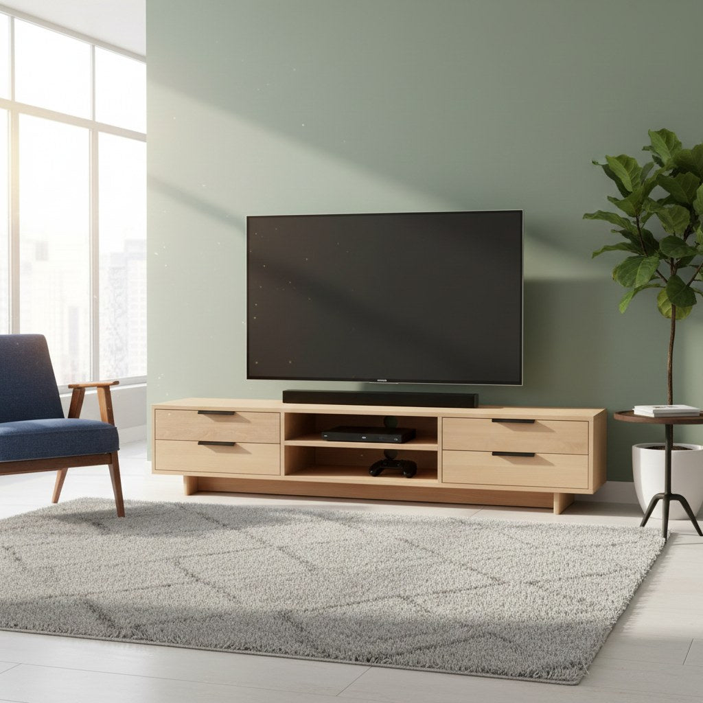 wooden tv cabinet with shelves and drawers